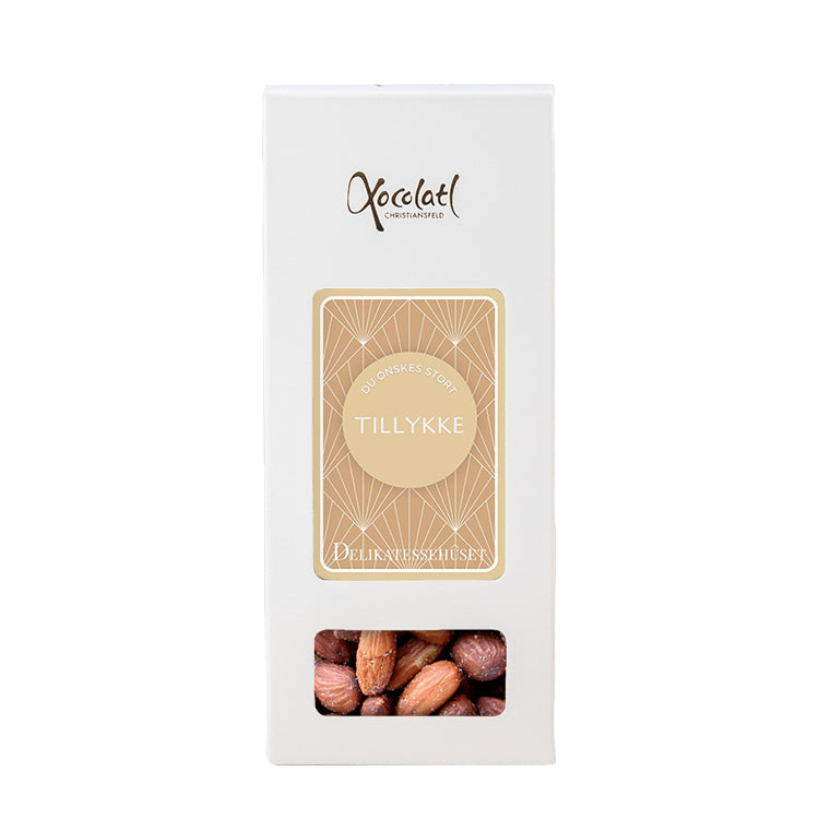 Gaveæske med saltede mandler fra Xocolatl med teksten Du ønskes stort tillykke.