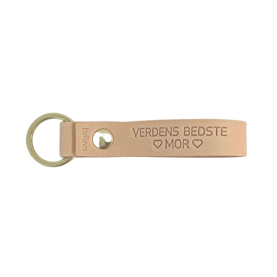 Lædernøglering i natur med teksten Verdens Bedste Mor som personlig Mors Dag gave.