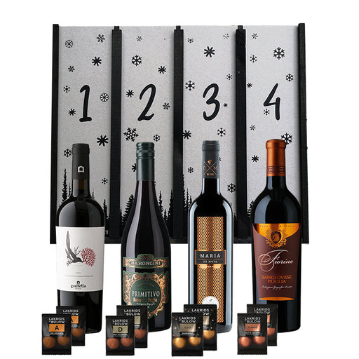 Adventskalender med fire flasker luksus rødvin fra bl.a. italien, spanien. Fantastisk storslået rødvin til alle adventssøndage