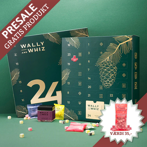Wally & Whiz julekalender med 24 låger, fyldt med danske gourmet frugtvingummier og en full-size bøtte bag låge 24.	