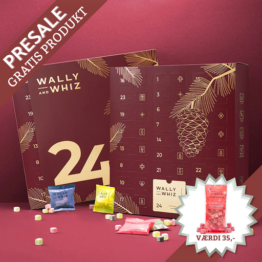 Wally & Whiz julekalender med 24 låger fyldt med små poser af danske gourmet frugtvingummier, inkl. klassikere og julesmage.	
