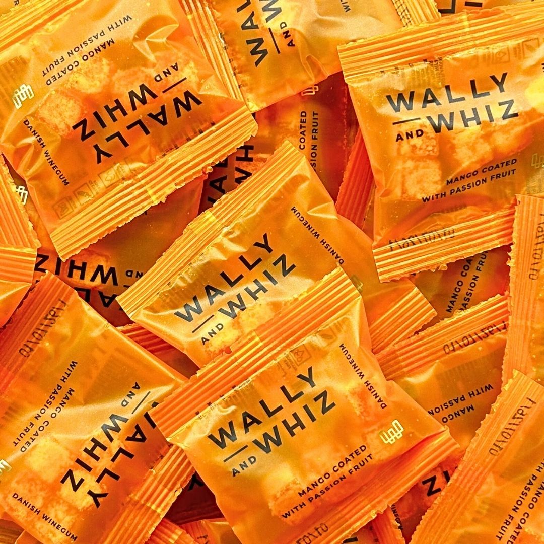 Gourmet vingummier fra Wally and Whiz med smag af mango og passionsfrugt.