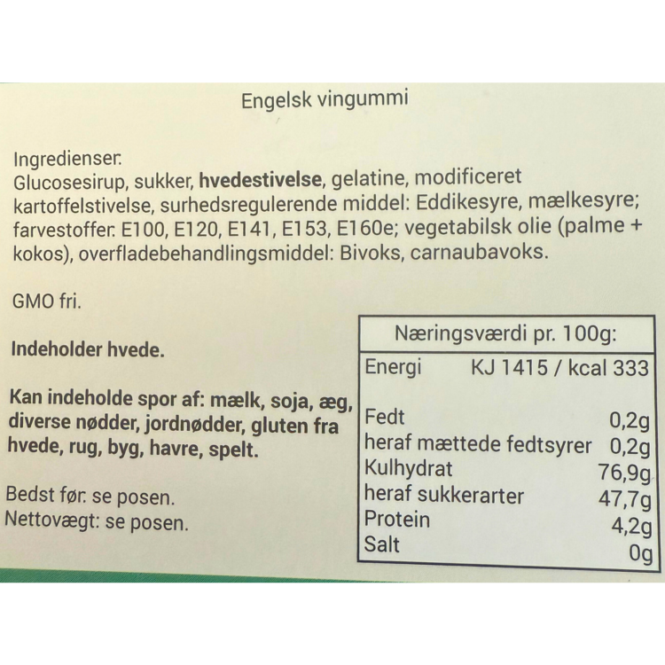 Ingrediensliste og næringsindhold for Weibel engelsk vingummi.