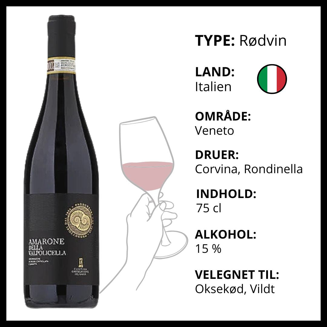 Italiensk Amarone della Valpolicella rødvin fra Veneto med information om druer og servering.