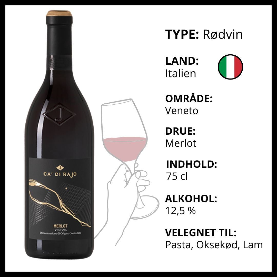 Italiensk Merlot rødvin fra Ca di Rajo, produceret i Veneto til pasta og oksekød.