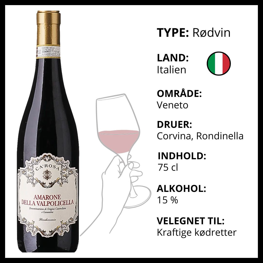 Italiensk Amarone della Valpolicella rødvin fra Veneto med produktdetaljer og information om druesorter.
