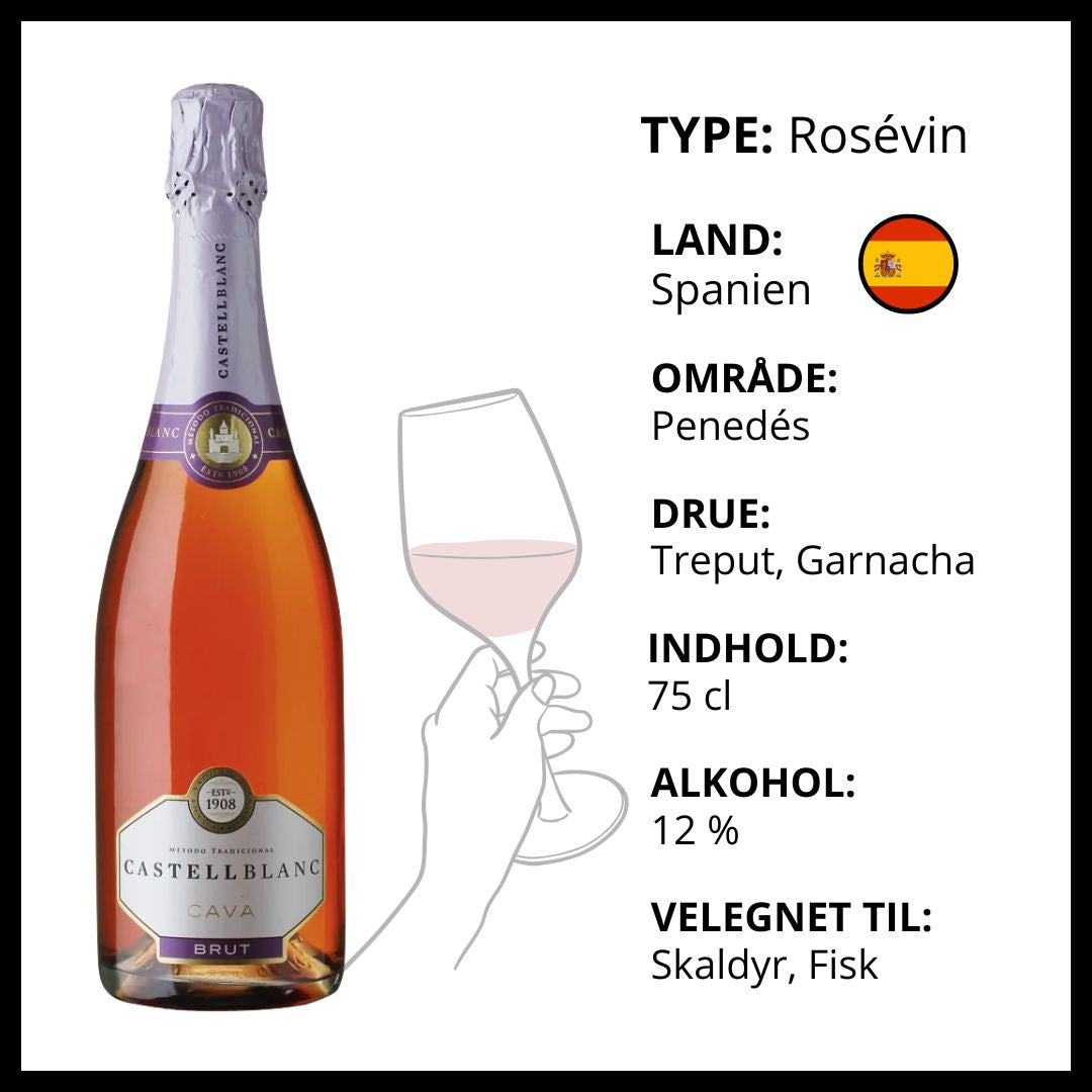 Castellblanc Cava Rosé Brut fra Penedés i Spanien, velegnet til skaldyr og fisk.