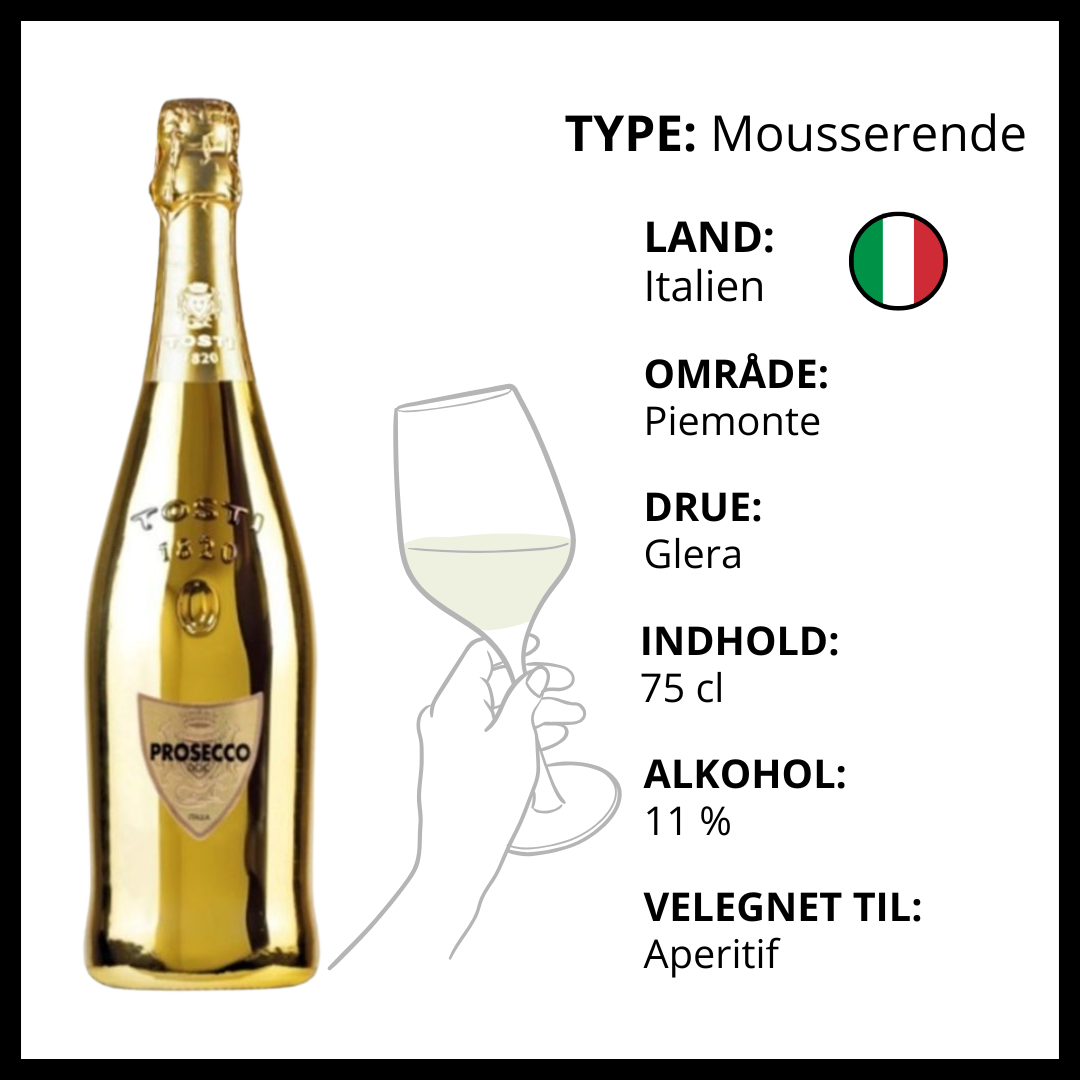 Tosti 1820 Prosecco i guldfarvet flaske med et glas mousserende vin på sort baggrund.