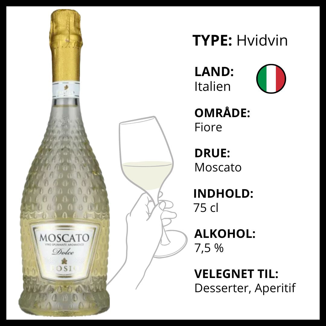 Italiensk Bosio Moscato Dolce mousserende hvidvin fra Fiore området velegnet til desserter.