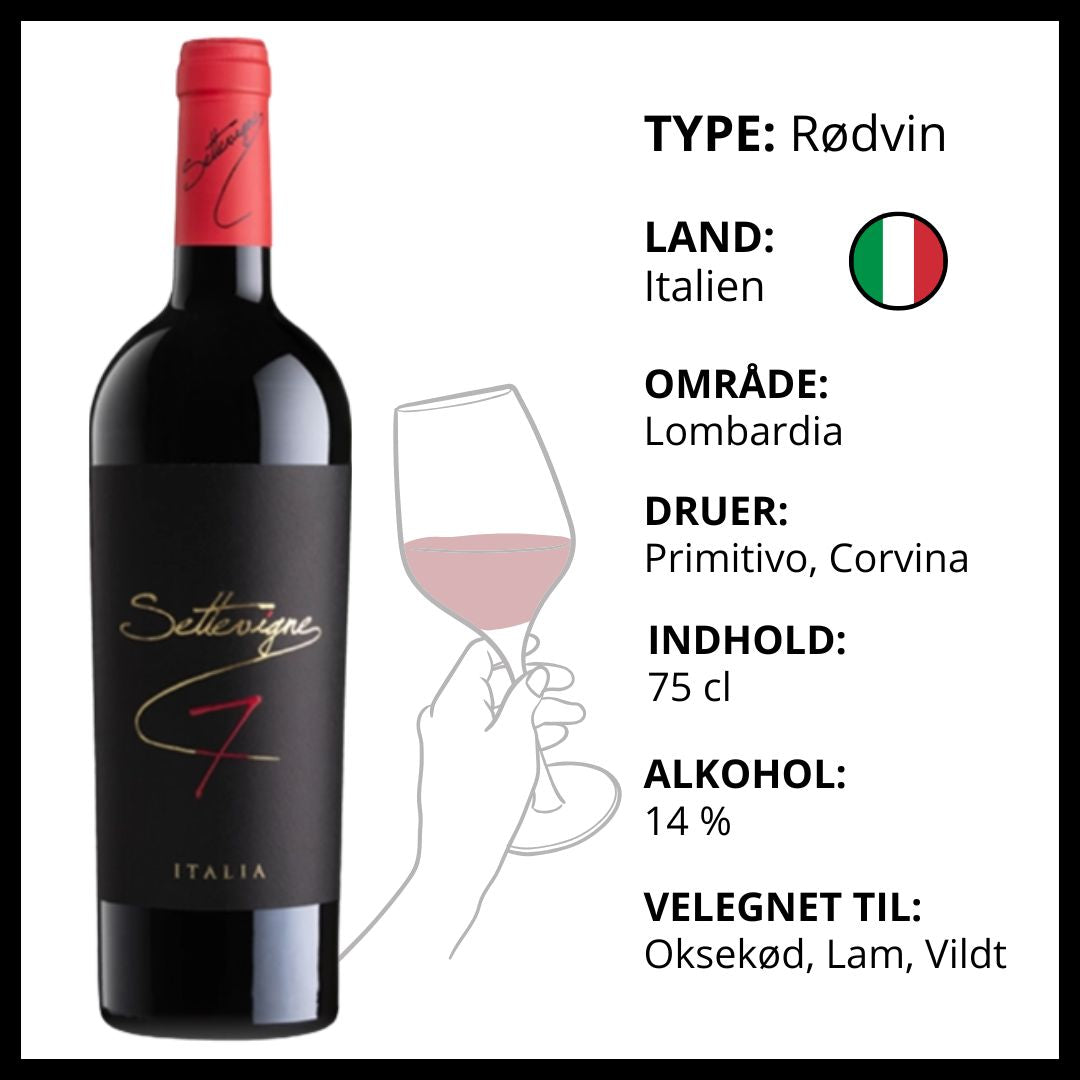 Italiensk Settevigne rødvin fra Lombardiet med noter om druer, alkoholprocent og madparring.