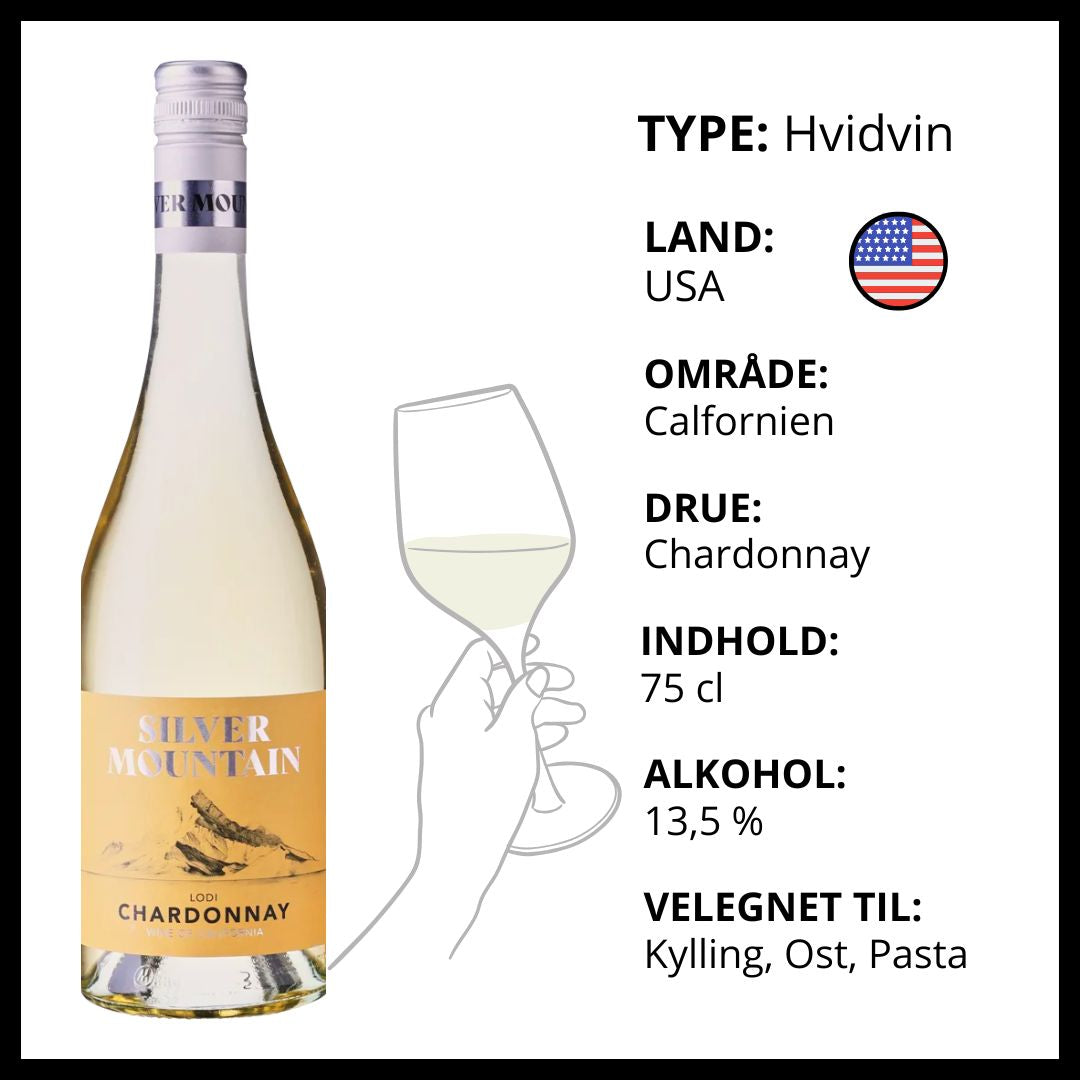 Silver Mountain Chardonnay hvidvin fra Californien USA, 75 cl flaske med detaljer om smag.