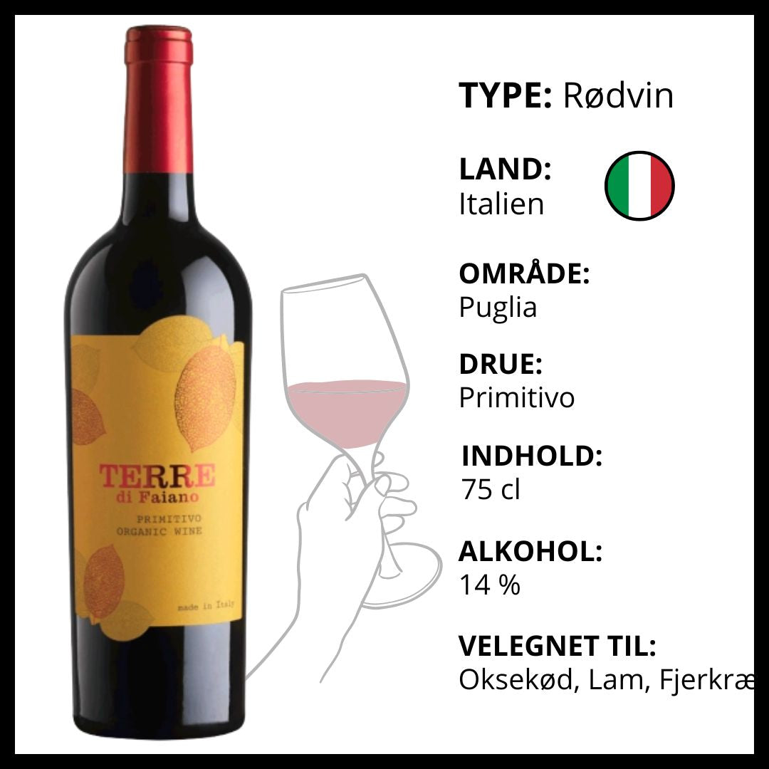 Italiensk Terre di Faiano Primitivo økologisk rødvin fra Puglia med produktinformation og serveringsforslag.