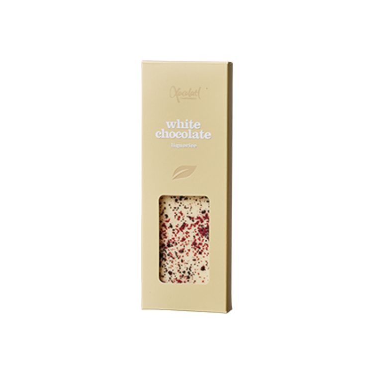 Chokoladeplade med hvid chokolade, lakrids og bær.