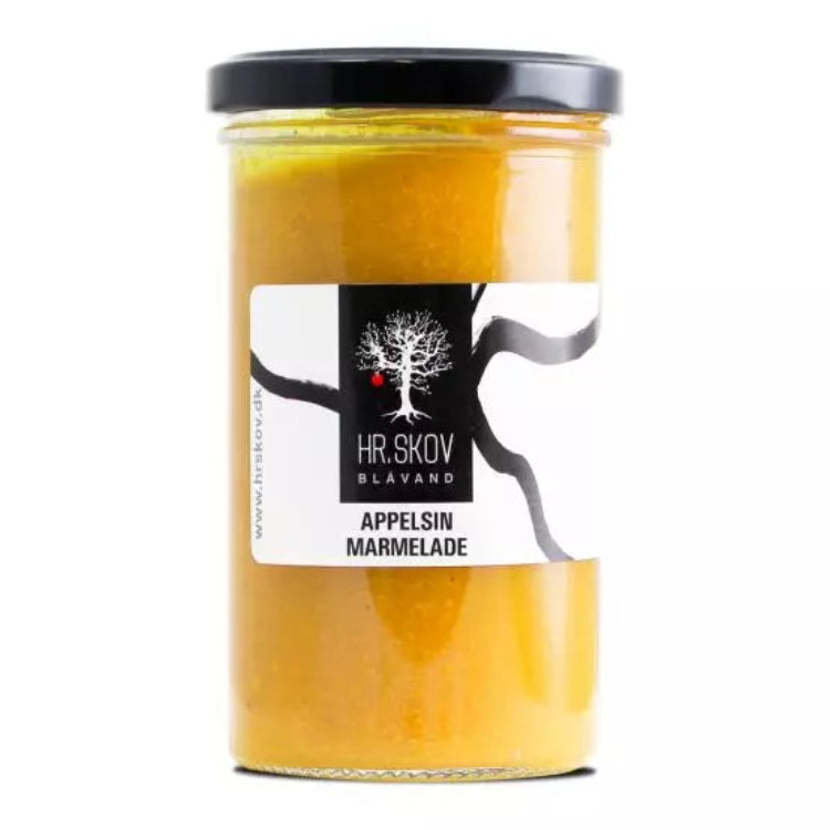 Et glas Hr. Skov appelsinmarmelade fra Blåvand ideel til ost og brød.