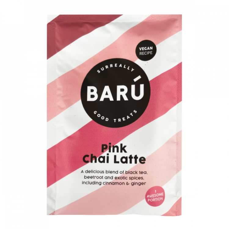 Barú Pink Chai Latte brev med vegansk opskrift af sort te, rødbede og krydderier.
