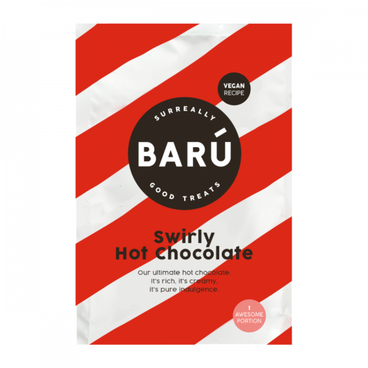 Barú Swirly Hot Chocolate vegansk kakaopulver portionspose med rød- og hvidstribet emballage.