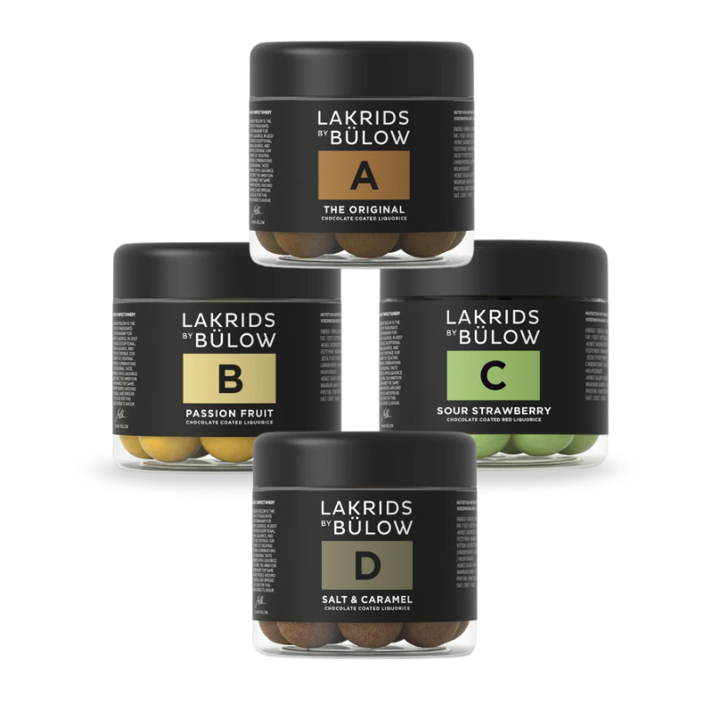 Fire forskellige varianter af Lakrids by Bülow chokoladeovertrukket lakrids til gavekurve og julegaver.