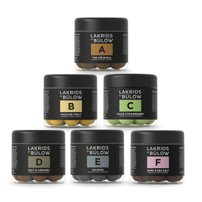 Oversigt over Lakrids by Bülow bogstav-serien A til F med chokoladeovertrukket gourmetlakrids.