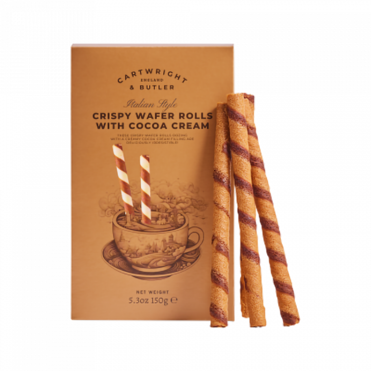Cartwright and Butler sprøde wafer rolls med kakaocreme og elegant indpakning til gavekurve.
