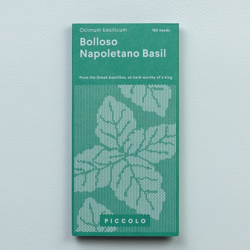 Frøpose med Bolloso Napoletano basilikumfrø fra Piccolo Seeds – klassisk italiensk sort med blærede blade