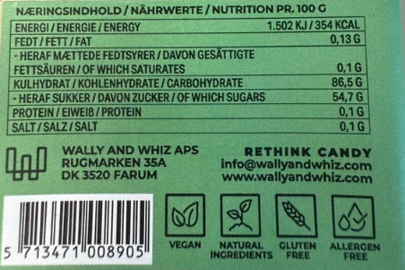 Næringsindhold og certificeringer for veganske Wally and Whiz gourmet vingummier på grøn emballage.