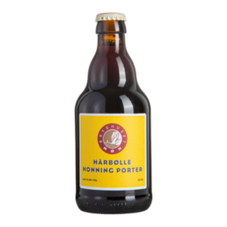 Flaske med Hårbølle Honning Porter øl fra Bryghuset Møn til gavekurve.