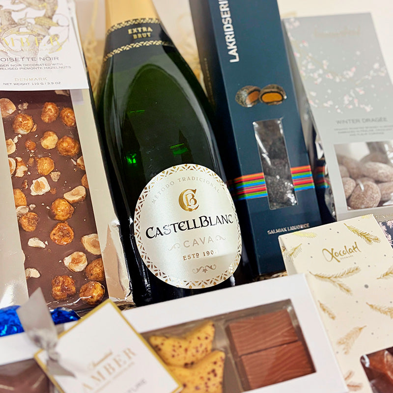 Julekurv med Cava bobler og chokolade