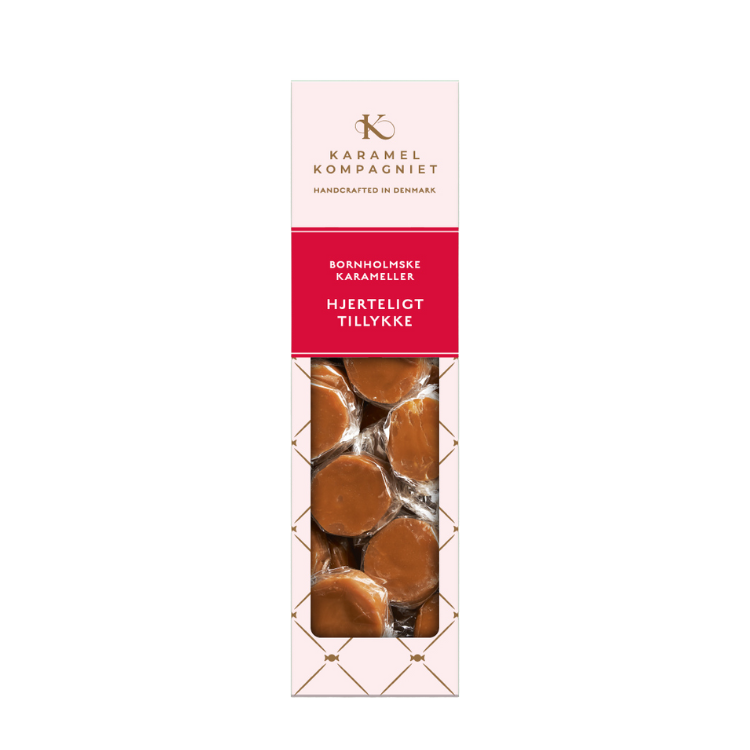 Æske med flødekarameller fra Karamel Kompagniet med teksten Hjerteligt Tillykke.