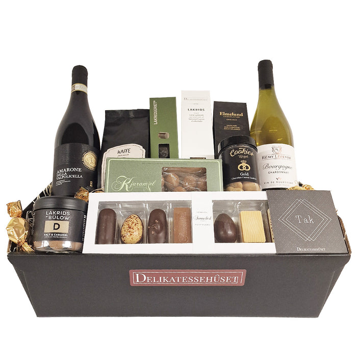 Kæmpe 'tak' gavekurv med 1.klasses vin og chokolade
