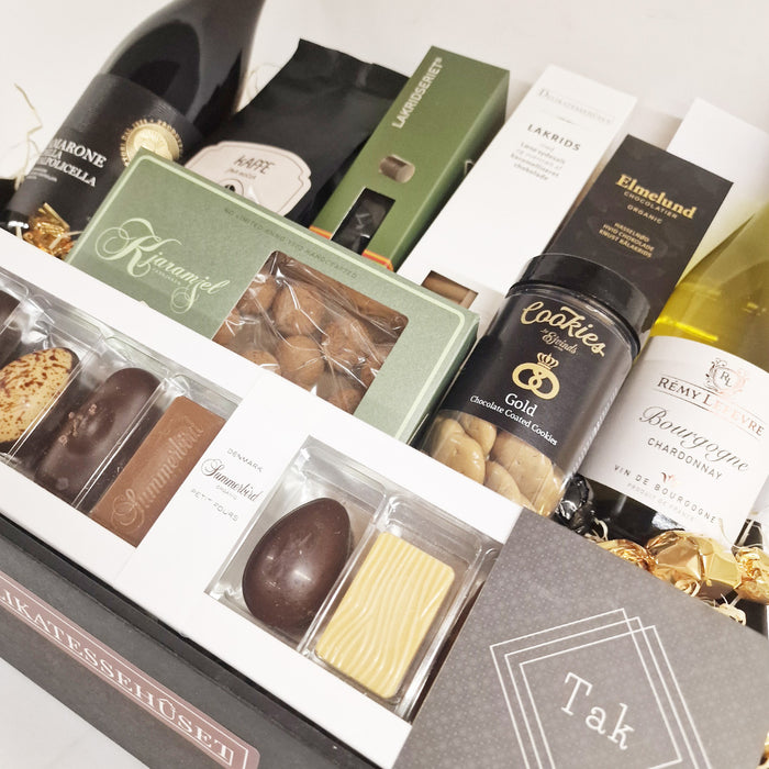 Kæmpe 'tak' gavekurv med 1.klasses vin og chokolade