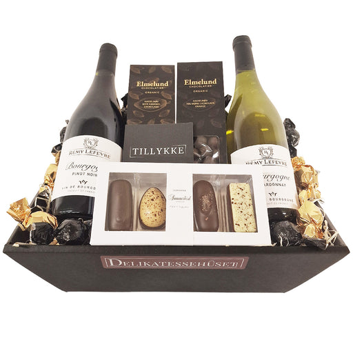 Tillykke-kurv med Bourgogne og chokolade