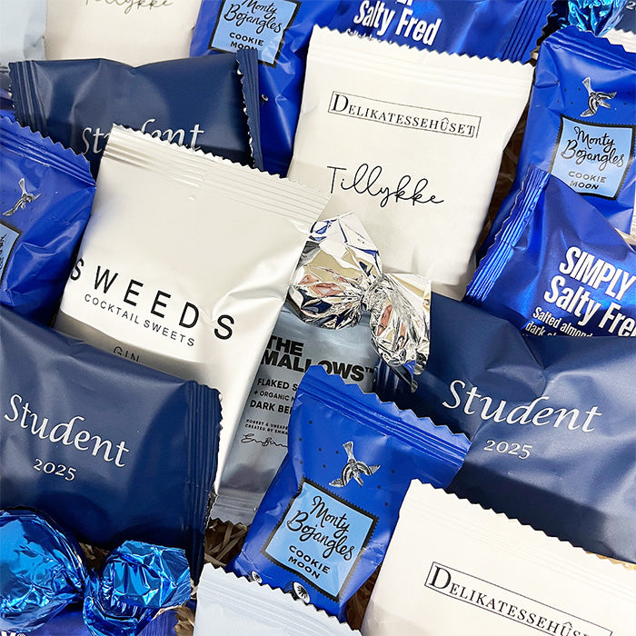 Gavekurv - fyldt med blå flowpacks til studenten
