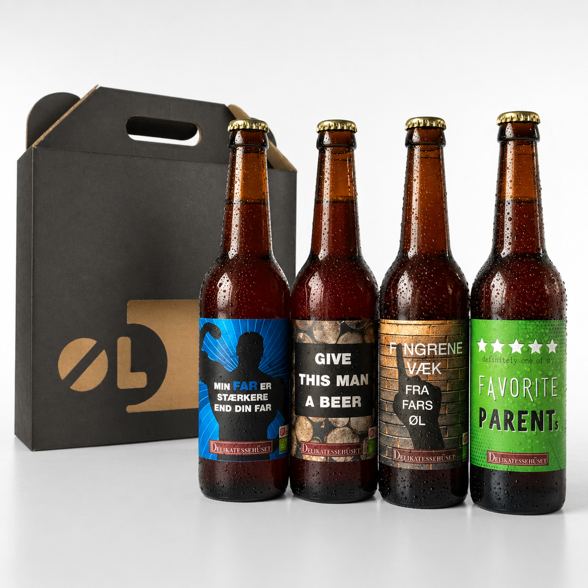 Gaveæske med øl til Fars Dag. Den perfekte gave til fars dag d. 5. juni med fire danske specialøl med sjove designs. Dansk økologisk øl fra danske mikrobryggerier