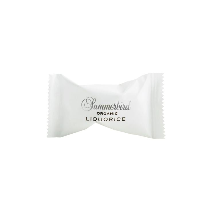 Enkeltindpakket Summerbird Organic Liquorice flowpack chokolade med lakrids til gaver og møder.