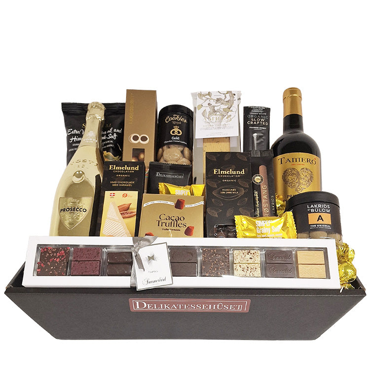 Stor eksklusiv gavekurv med Prosecco, vin, chokolade og lakrids fra Delikatessehuset.