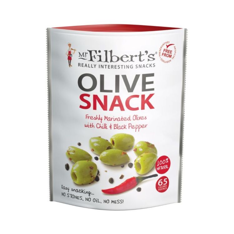 Mr. Filbert's Olive Snack med chili og sort peber, marineret og stenfri krydret snack.