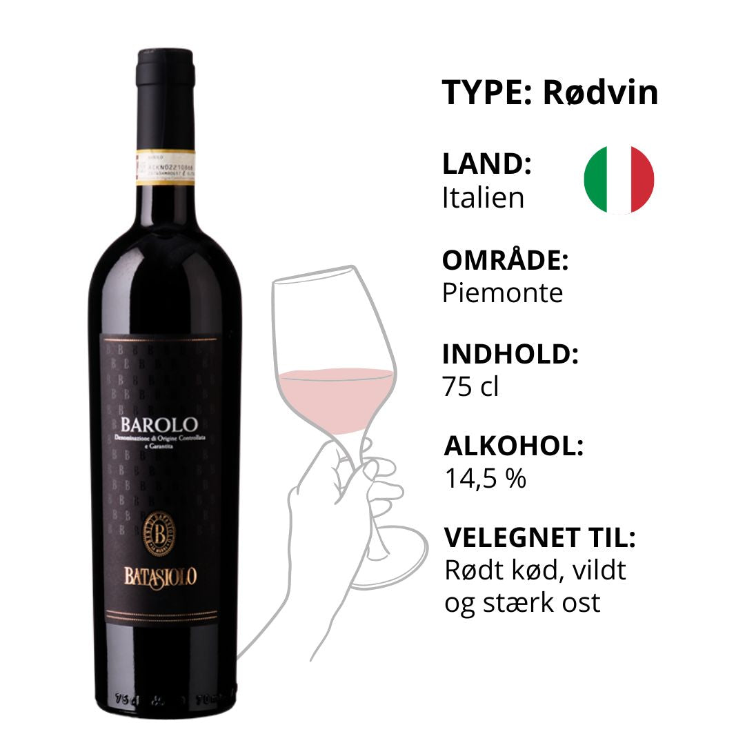 Italiensk Barolo rødvin fra Batasiolo i Piemonte, velegnet til rødt kød og vildt.