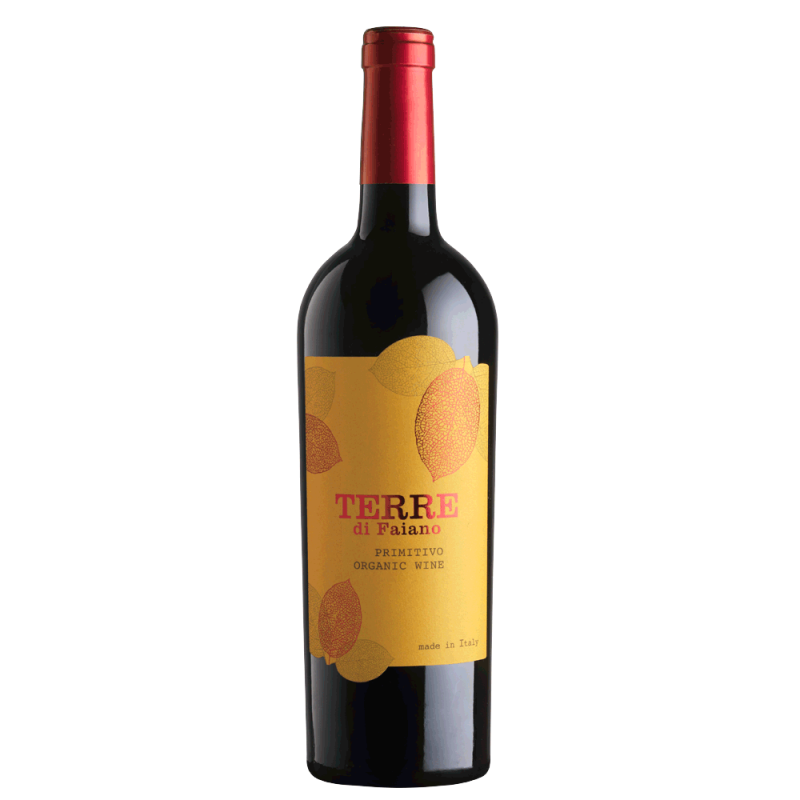 Terre di Faiano Primitivo økologisk rødvin fra Salento i Italien med gul etikette.