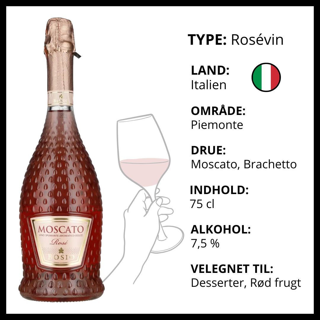 Bosio Moscato Rosé Spumante fra Piemonte Italien, ideel til desserter og frugt.