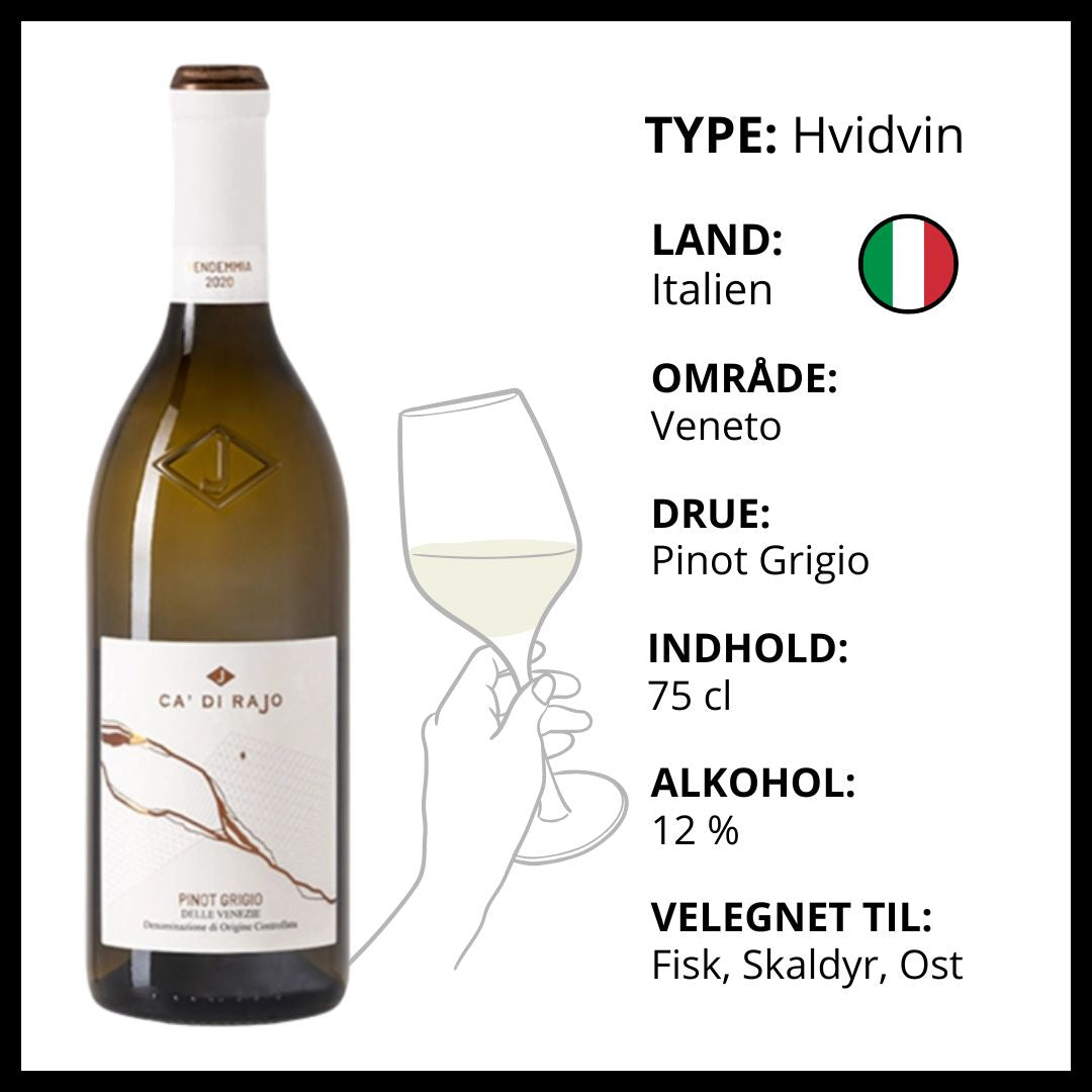 Italiensk hvidvin Ca' di Rajo Pinot Grigio fra Veneto, velegnet til fisk og skaldyr.