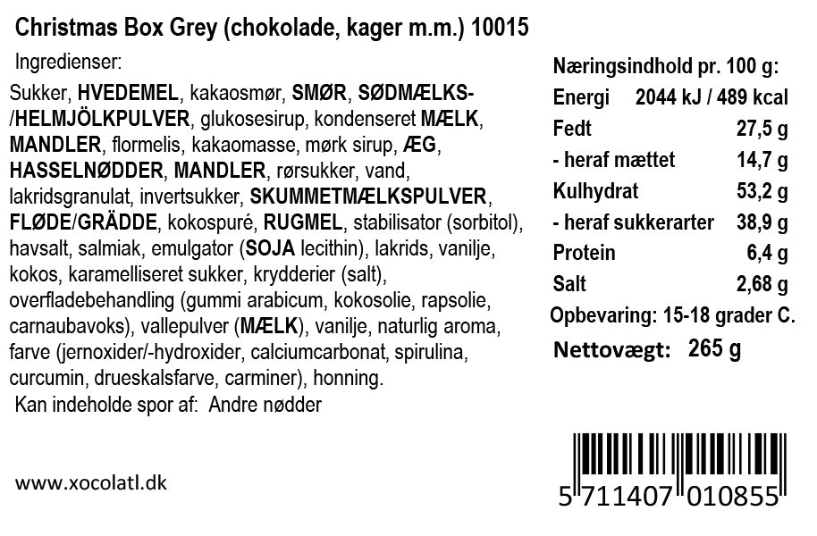 Varedeklaration for Christmas Box Grey fra Xocolatl – ingredienser og næringsindhold