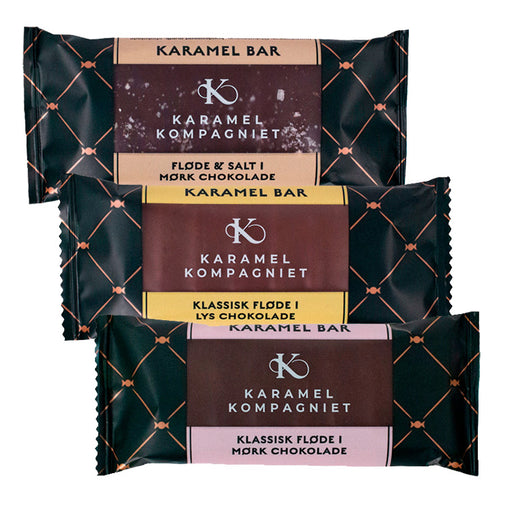 3 af Karamel Kompagniets karamel barer med fløde i chokolade overtræk.