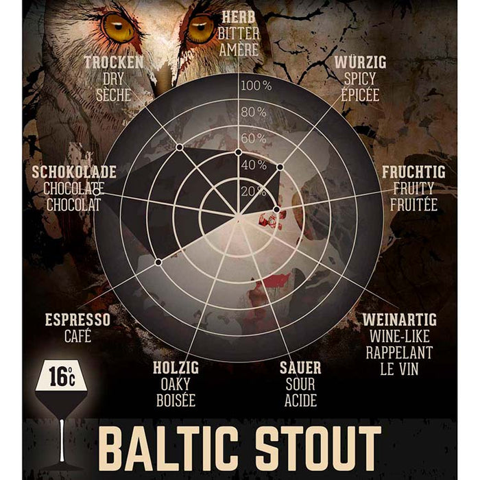 Denne Baltic stout er en øl med en skøn intens smag. Kombinationen af maltet byg og havre giver øllen en en skøn smag af kaffe og chokolade.