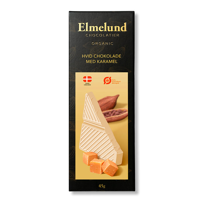 Elmelund Chocolatier, hvid chokolade med karamel. Økologisk dansk chokolade