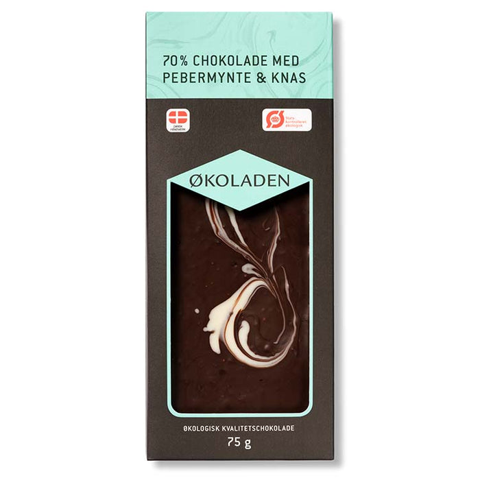 Chokoladeplade, 70 % chokolade med pebermynte og knas - Økoladen
