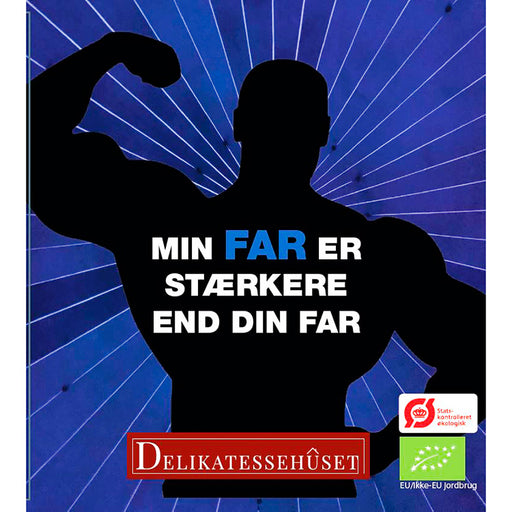 Gave til fars dag. Dansk økologisk specialøl fra delikatessehuset med en fed etiket. 'Min far er stærkere end din far'.