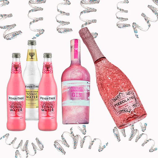 Den store nytårspakken til dig og veninden. Her får de lækre lyserøde bobler, pink glimmergin fra Knaplund og tre flasker Fever tree tonic