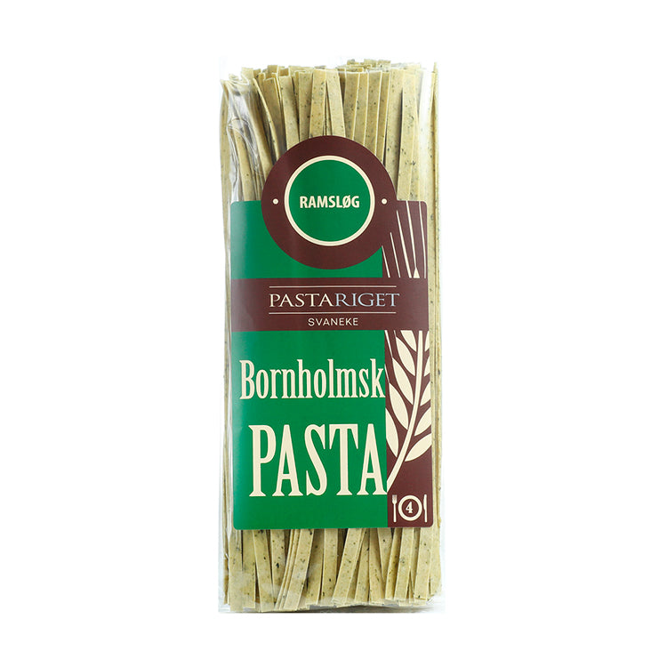 Bornholmsk gourmetpasta med ramsløg fra Pastariget, pakket i en klar pose med grøn etiket.