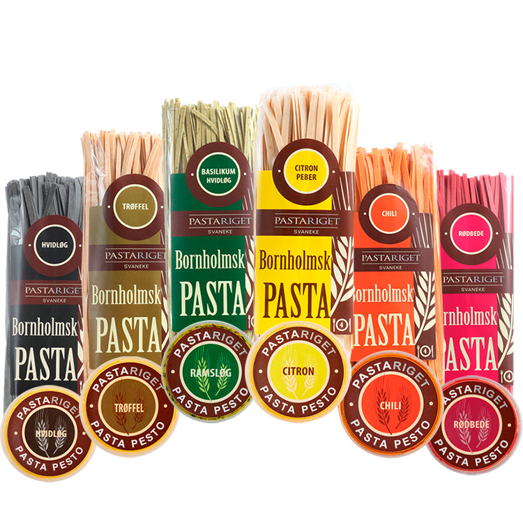 Sampak med bornholmsk gourmetpasta og tilhørende pastapesto fra Pastariget i flere varianter.